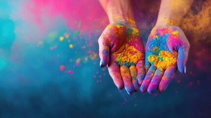 Vibrant celebration of Holi festival with colorful powder in hands. Horizontal banner. Copy space. Festival of colors, love, and spring
