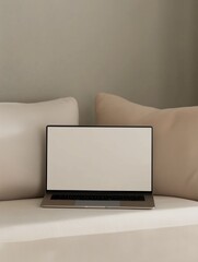 A close-up shot of an open laptop with its screen facing the camera, placed on top of a plush beige sofa in a minimalist living room.