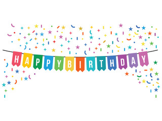 happy birthday party flags with confetti design vector on transparent background