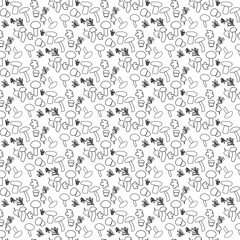 Simple black and white pattern featuring various types of vegetables and mushrooms in a repetitive design suitable for textile use 