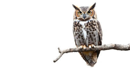 Plump Owl on Branch with Wide Eyed Stare on White Background