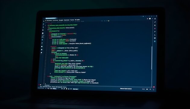 Laptop displaying code in a dark environment, symbolizing programming and technology.