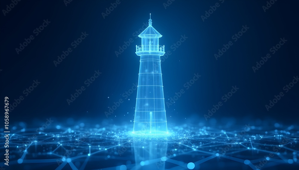 Poster digital lighthouse symbolizes guidance in technology and data networks.