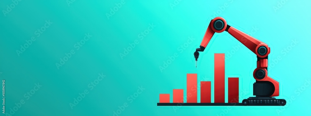 Poster a red robotic arm reaches for a rising bar graph on a turquoise background, symbolizing automation's