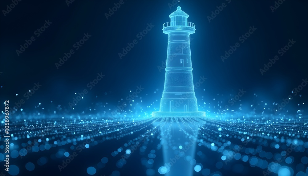 Poster digital lighthouse guiding through data sea, symbolizing predictive analytics.