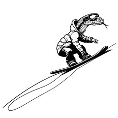 Minimalist snake silhouette snowboarding down a mountain for New Year 2025.