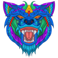 An illustration of a wolf head filled with intricate tribal ornaments and vibrant colors. This unique and striking design creates a mystical and powerful impression.