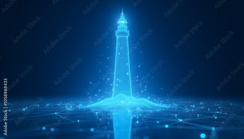 Poster a digital lighthouse symbolizing guidance and technology in a networked world.