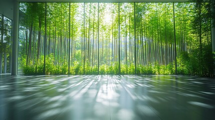 Fototapeta premium Serene Bamboo Forest Pathway with Parking Area and Brick Road for Automotive Advertising