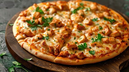 Chicken barbecue pizza on cutting board with dark background Italian cuisine.