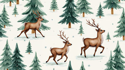 Enchanting Watercolor Winter Scene: Reindeer Prancing Among Evergreens for Festive Wrapping Paper and Holiday Decor