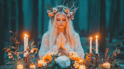 Woman witch in bohemian attire meditates amidst candles and wildflowers outdoors, creating a serene and spiritual atmosphere.