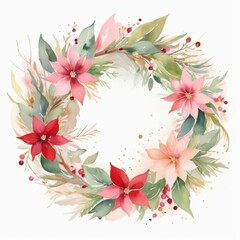 Fototapeta premium Hand-Painted Christmas Floral Wreath with Poinsettias, Leaves, and Berries – Watercolor Sketch on White for Holiday Decor