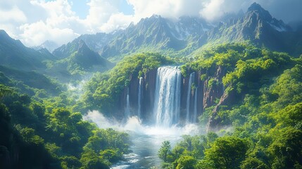 Fototapeta premium stunning long river waterfall cascading between lush green mountains, surrounded by dense rainforest foliage, capturing the beauty of nature in a breathtaking scene