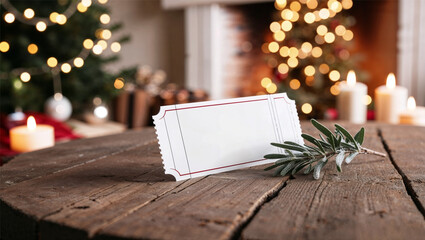 blank ticket in a Christmas setting. Empty Christmas voucher with copy space in a cozy Christmas setting. Generative AI.