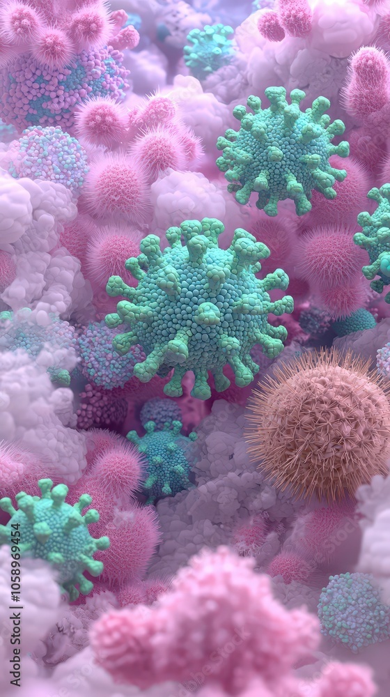 Poster abstract 3d render of colorful virus cells and microorganisms