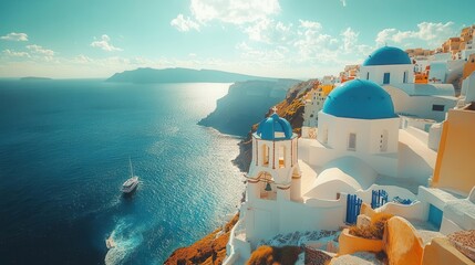 stunning panoramic view of santorini, greece, with iconic white buildings, blue domes, and crystal-clear waters, capturing the essence of summer holidays and dreamy travel destinations