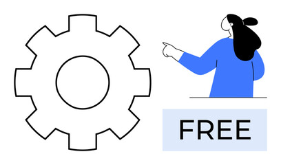 A large gear symbol is on the left, while a person in blue is pointing to a Free sign on the right. Ideal for technology, software, promotion, marketing, education. Modern minimalist style