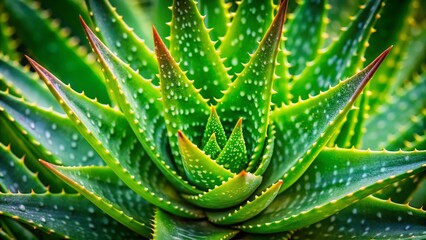 A captivating study of an aloe vera plant, its fleshy leaves bathed in soft light amidst a background of delicate bokeh.