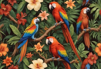 Tropical exotic pattern with animal and flowers in bright colors and lush vegetationn