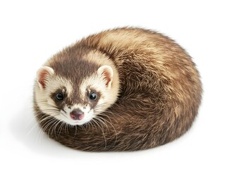 Overweight Furry Ferret Curled Up in a Ball on Clean White Background