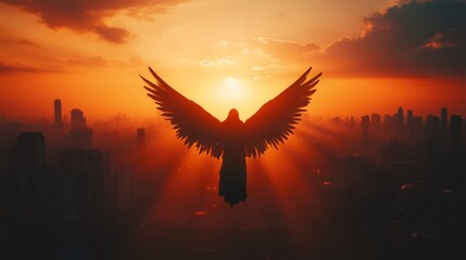 Obraz premium Guardian Angel at Sunset Over the City