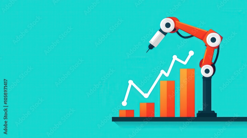 Poster a modern robot arm illustrates business growth with dynamic charts, emphasizing automation's role in