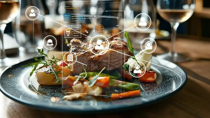 A gourmet dish featuring grilled meat, colorful vegetables, and a digital interface overlay displaying options for customization and information.