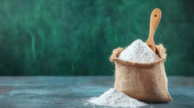 Closeup of rice flour spilling from sack, soft and powdery texture, rice flour, baking essentials