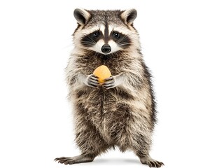 Fototapeta premium Adorable Plump Raccoon Holding Fruit on White Background