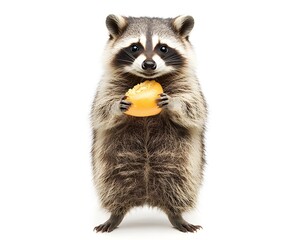 Fototapeta premium Plump Raccoon Holding Fruit on White Background Overweight Animal Concept