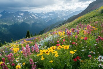 Obraz premium A vibrant wildflower meadow in a mountain valley