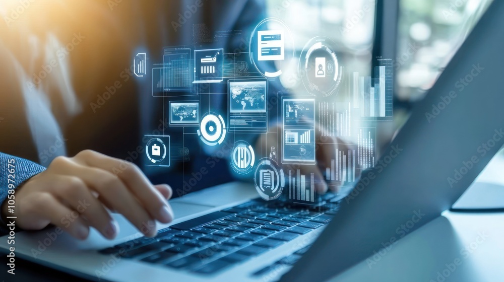 Poster close up of a person's hands typing on a laptop keyboard, with digital icons floating above the scre