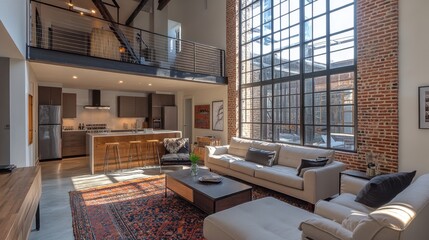 Bright and airy loft living room with industrial charm featuring brick walls and large windows in a stylish urban space