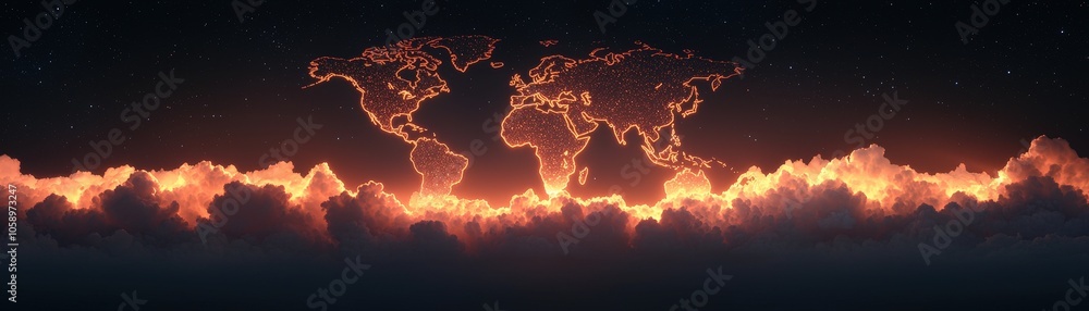 Poster glowing world map in clouds with stars global connection concept