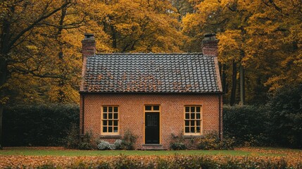 A charming red brick cottage surrounded by vibrant autumn foliage in a tranquil forest setting during late afternoon light