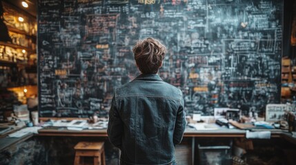Obraz premium Man Contemplating Notes on a Blackboard