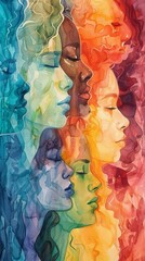 Abstract colorful watercolor painting, woman diversity for International Women's Day, Mother's Day design concept.