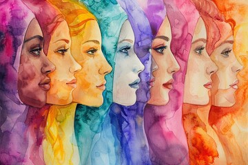 Abstract colorful watercolor painting, woman diversity for International Women's Day, Mother's Day design concept.