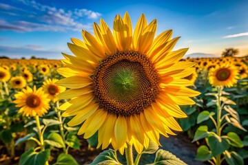 Naklejka premium A solitary sunflower, bathed in warm light, stands out against the backdrop of a golden field.