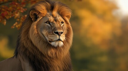 Majestic lion with a thick mane, captured against a blurred natural backdrop.