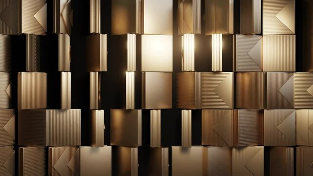 Abstract metallic wall design featuring textured, geometric panels in warm gold tones, ideal for luxury, modern, or architectural themes.