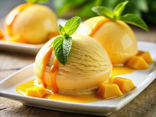 A visual feast: mango & cheese ice cream quenelles, photographed beautifully.