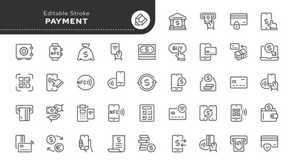 Payment line icon set. Pay, bank credit card, cash, payment method, money transfer, buy, purchase and more. Outline vector icon in linear style. Pictogram collection.	
