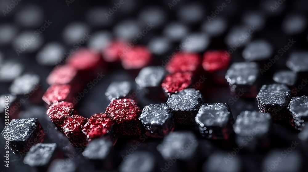 Poster abstract arrangement of red and silver hexagonal shapes creating a visually striking pattern.