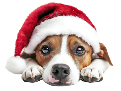 Cute Jack Russell Terrier Dog in Christmas Day Festival wearing Santa hat lying down with a happy isolated on transparent background PNG
