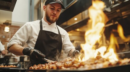 A chef skillfully sears marinated chicken on a sizzling grill, captured in a bustling restaurant kitchen during dinner service