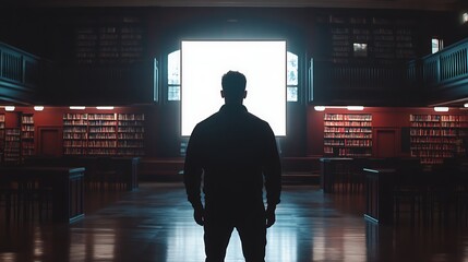 Man Standing in Library Amidst Books and Light