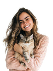 Smiling Woman with Long Hair Holding a Fluffy Cat, Isolated with a Transparent Background, Exuding Joy and Affection for Her Feline Companion.