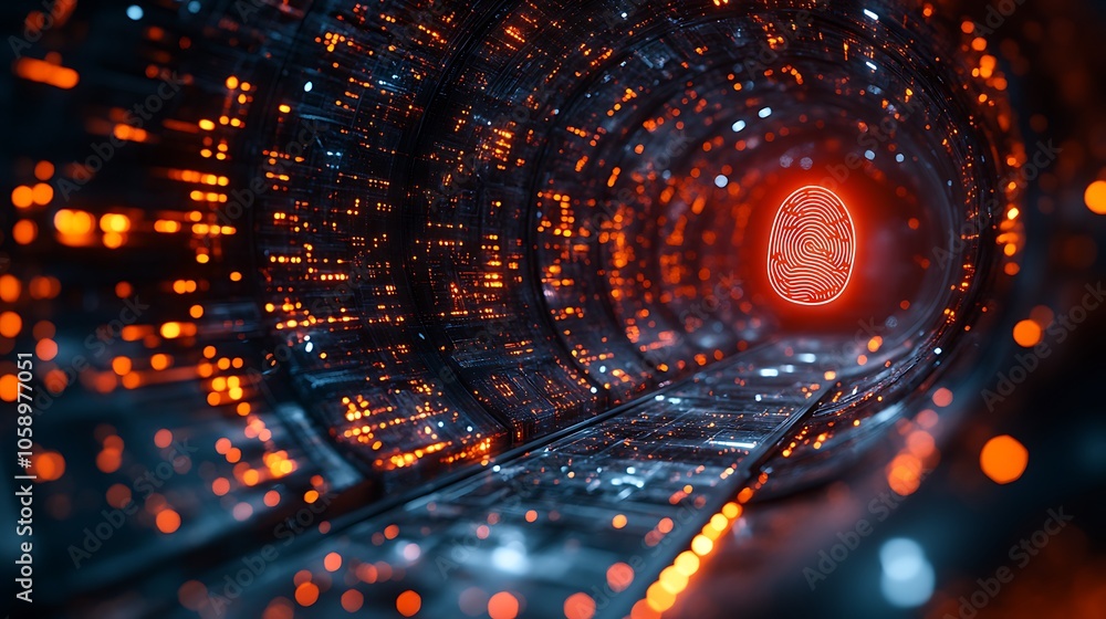 Poster futuristic abstract digital tunnel with a glowing red orb at the end.